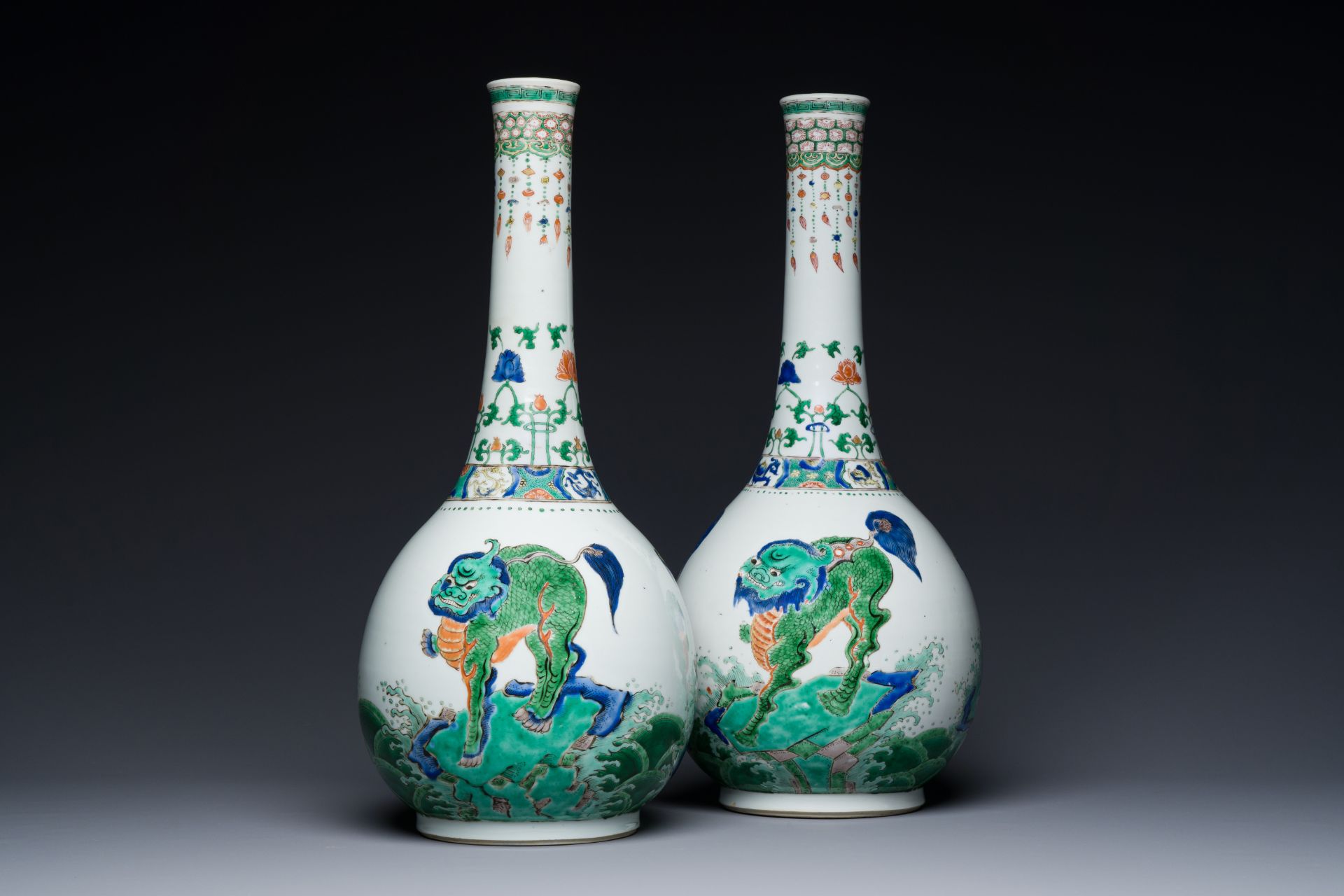 A pair of large Chinese famille verte 'mythic animals' vases, Kangxi - Image 2 of 8