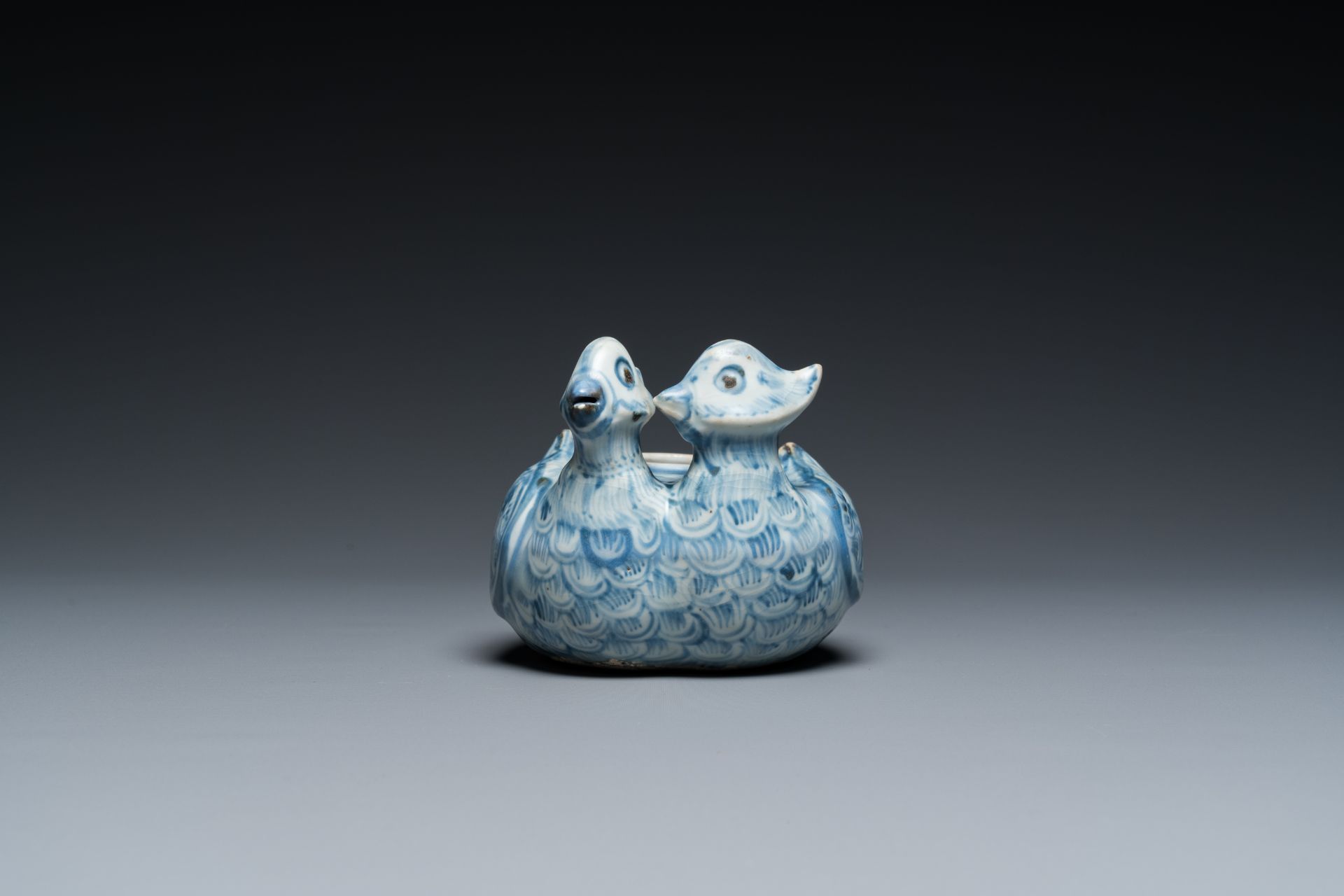 A Chinese blue and white twin duck-form water dropper, Ming - Image 5 of 7