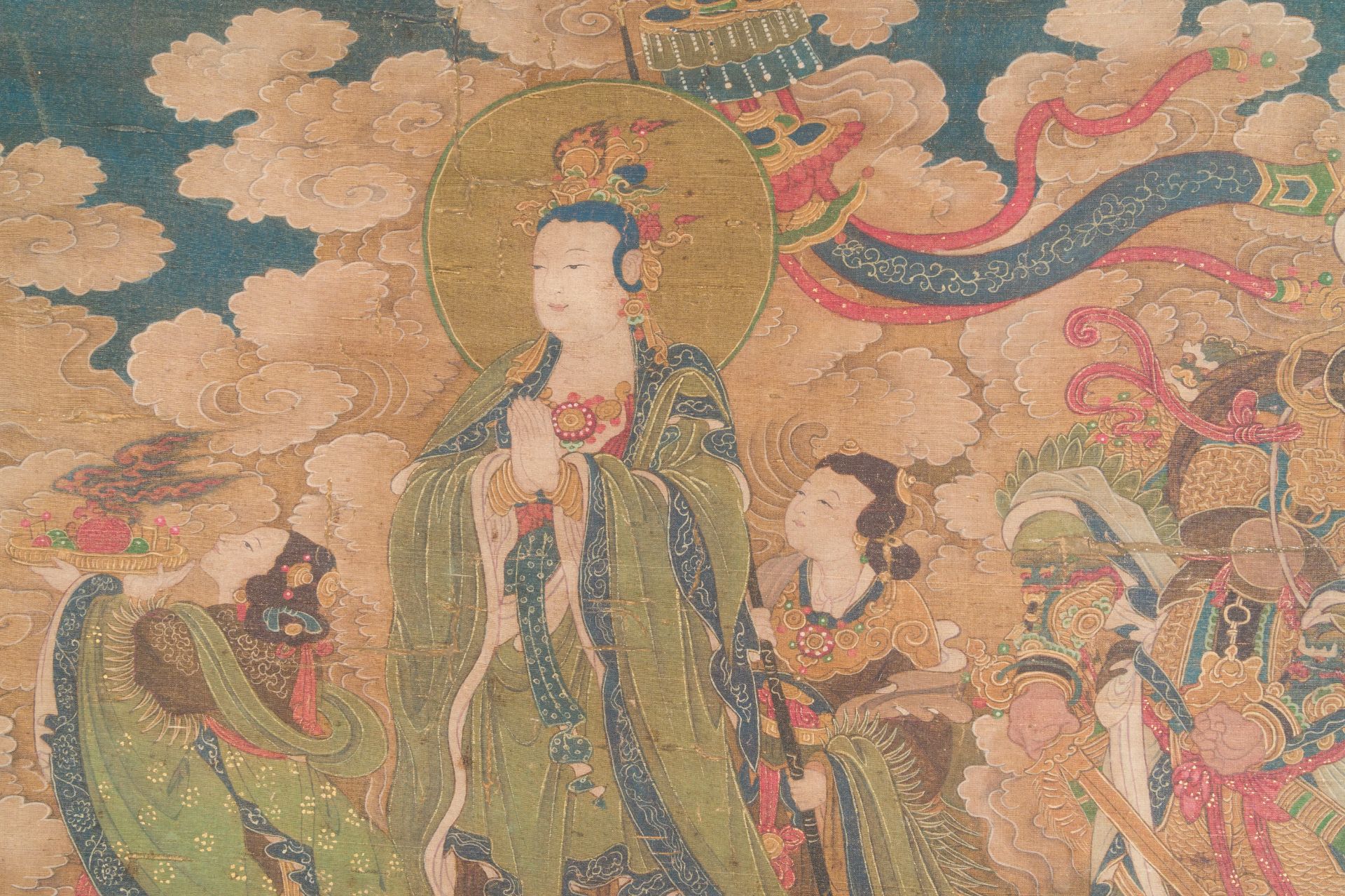 Chinese school: 'A sky full of Buddhist divinities', ink and colour on silk, 18th C. - Image 7 of 10
