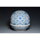 A large round Chinese box and cover with overglaze blue enamel lotus design, Guangxu mark and of the