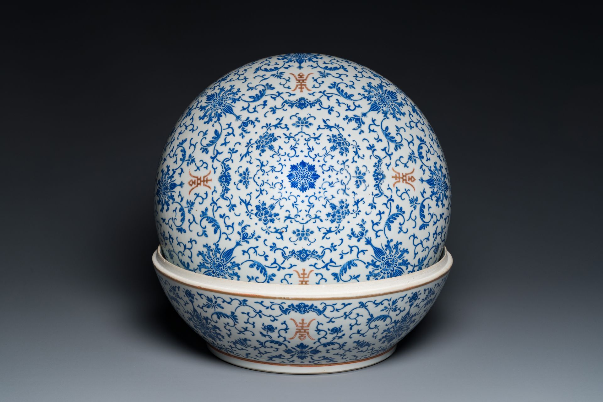 A large round Chinese box and cover with overglaze blue enamel lotus design, Guangxu mark and of the