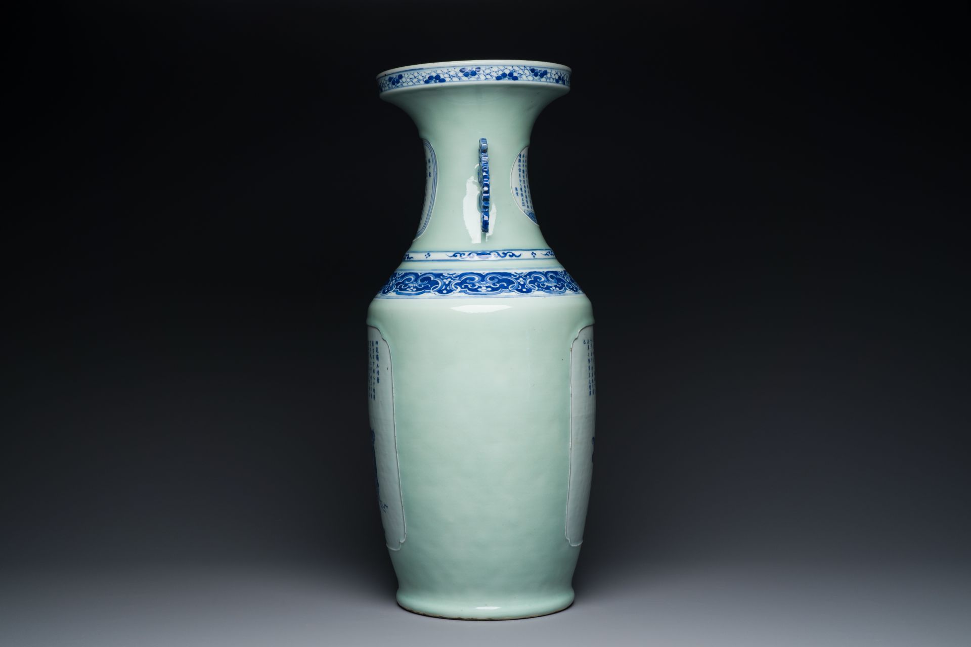 A rare Chinese blue and white celadon-ground 'Wu Shuang Pu' vase, 19th C. - Image 2 of 6