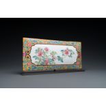 A large rectangular Chinese gold-yellow-ground Canton enamel plaque with fine floral design, Yongzhe