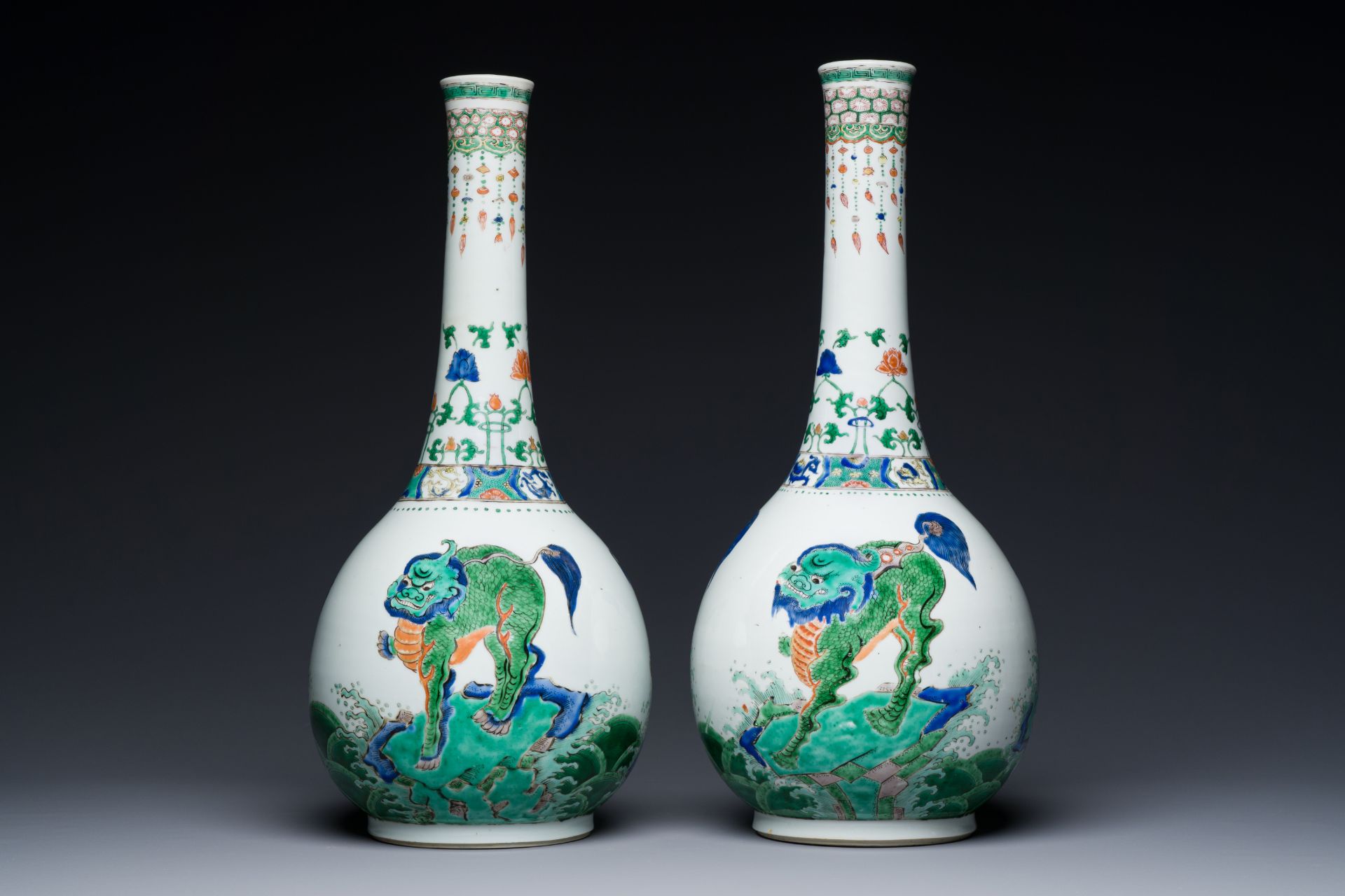 A pair of large Chinese famille verte 'mythic animals' vases, Kangxi - Image 4 of 8