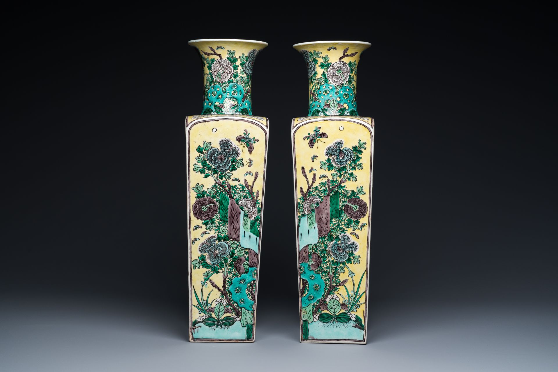 A pair of Chinese square yellow-ground famille verte vases, Kangxi mark, 19th C. - Image 2 of 7