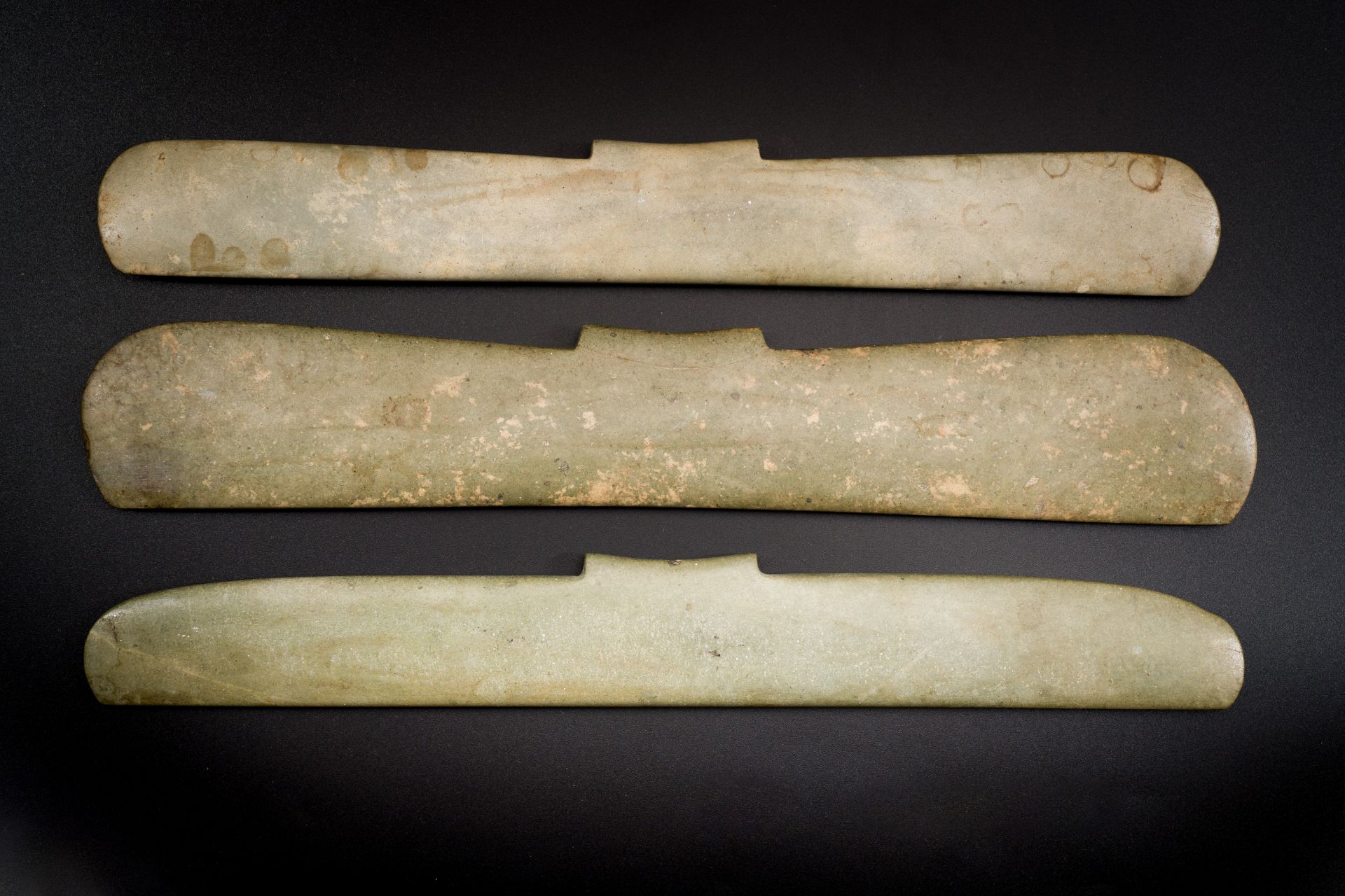 Three Chinese archaic calcified jade pendants, probably Liangzhu culture - Image 2 of 19