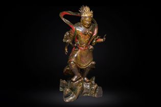 A large Japanese polychromed and gilt-lacquered wood figure of a divine general, Edo, dated 1623