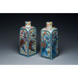 A pair of Chinese blue and white square flasks with European overdecoration, Kangxi