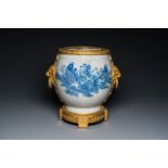 A large Chinese blue and white crackle-glazed 'carps' vase with fine gilt bronze mounts, 18/19th C.