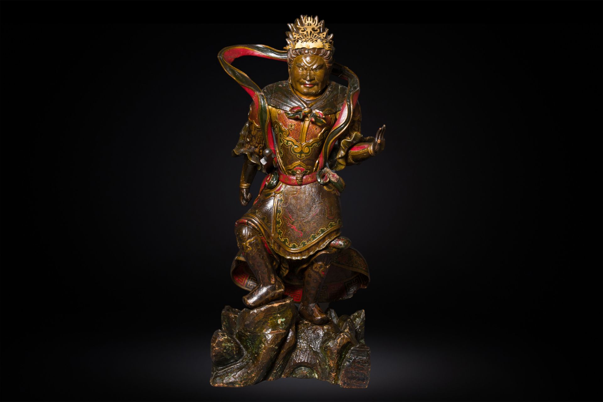 A large Japanese polychromed and gilt-lacquered wood figure of a divine general, Edo, dated 1623 - Image 2 of 23