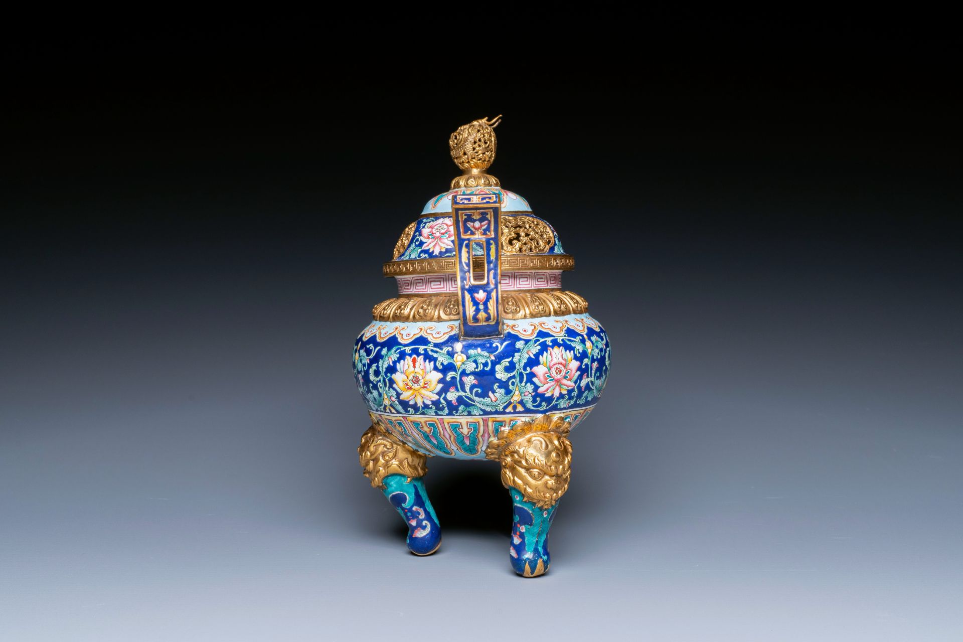 A Chinese 'imperial tribute' blue-ground Canton enamel incense burner and cover, Qianlong mark and o - Image 5 of 10