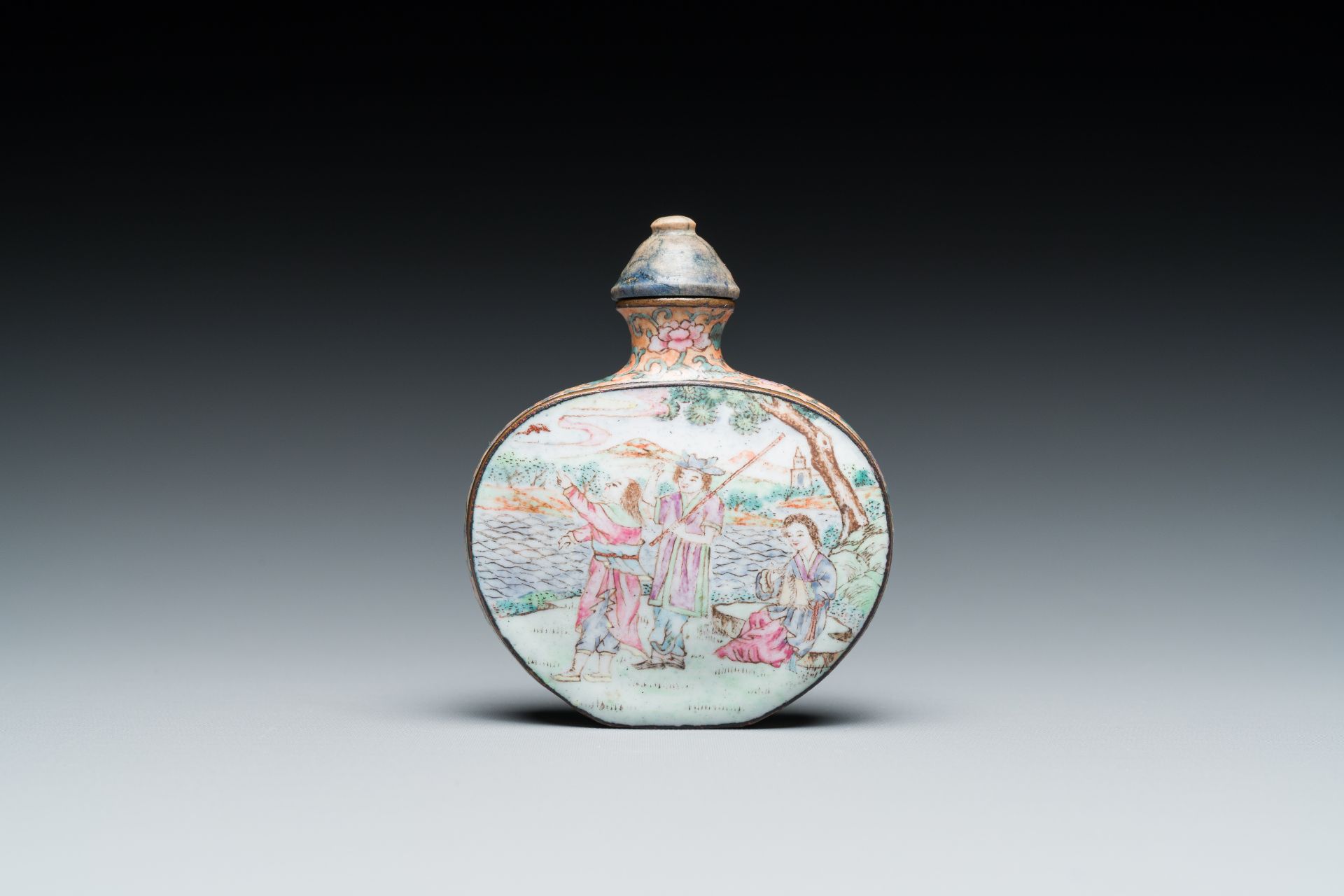 A Chinese Beijing enamel 'foreigners' snuff bottle, Qianlong mark and of the period