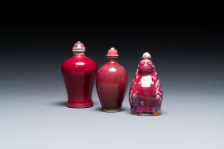 Three Chinese flambe-glazed snuff bottles, 18/19th C.