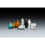 Four Chinese famille rose snuff bottles and four others in hardstone and monochrome porcelain, 19/20