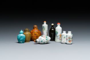 Four Chinese famille rose snuff bottles and four others in hardstone and monochrome porcelain, 19/20