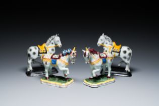 Two pairs of polychrome Dutch Delft standing horses, 19th C.