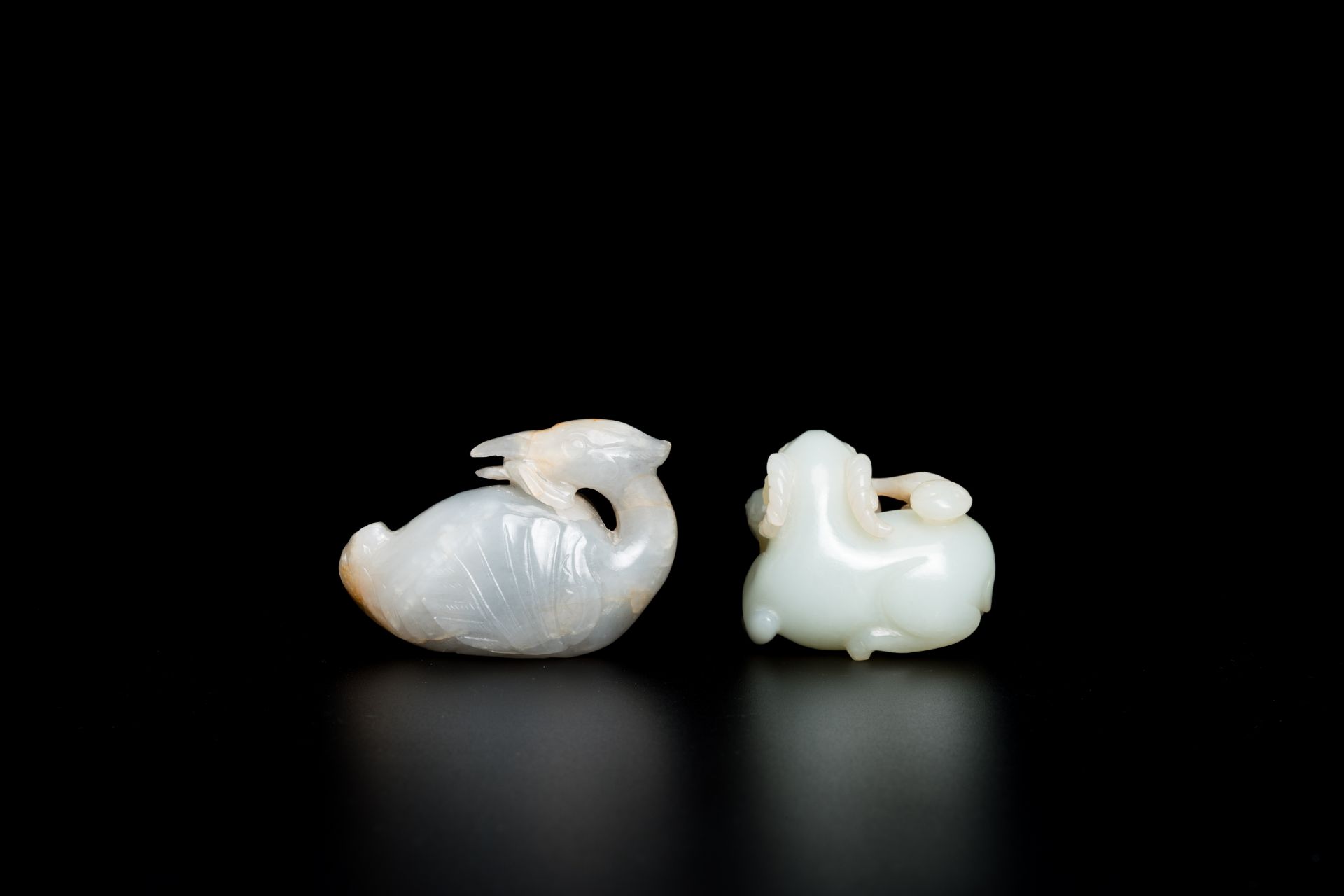 Two Chinese white jade carvings of a mandarin duck and of a ram with his lamb, Qing - Image 3 of 7