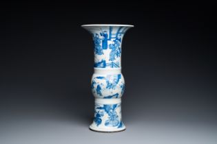 A Chinese blue and white 'gu' vase with figurative design, probably Kangxi