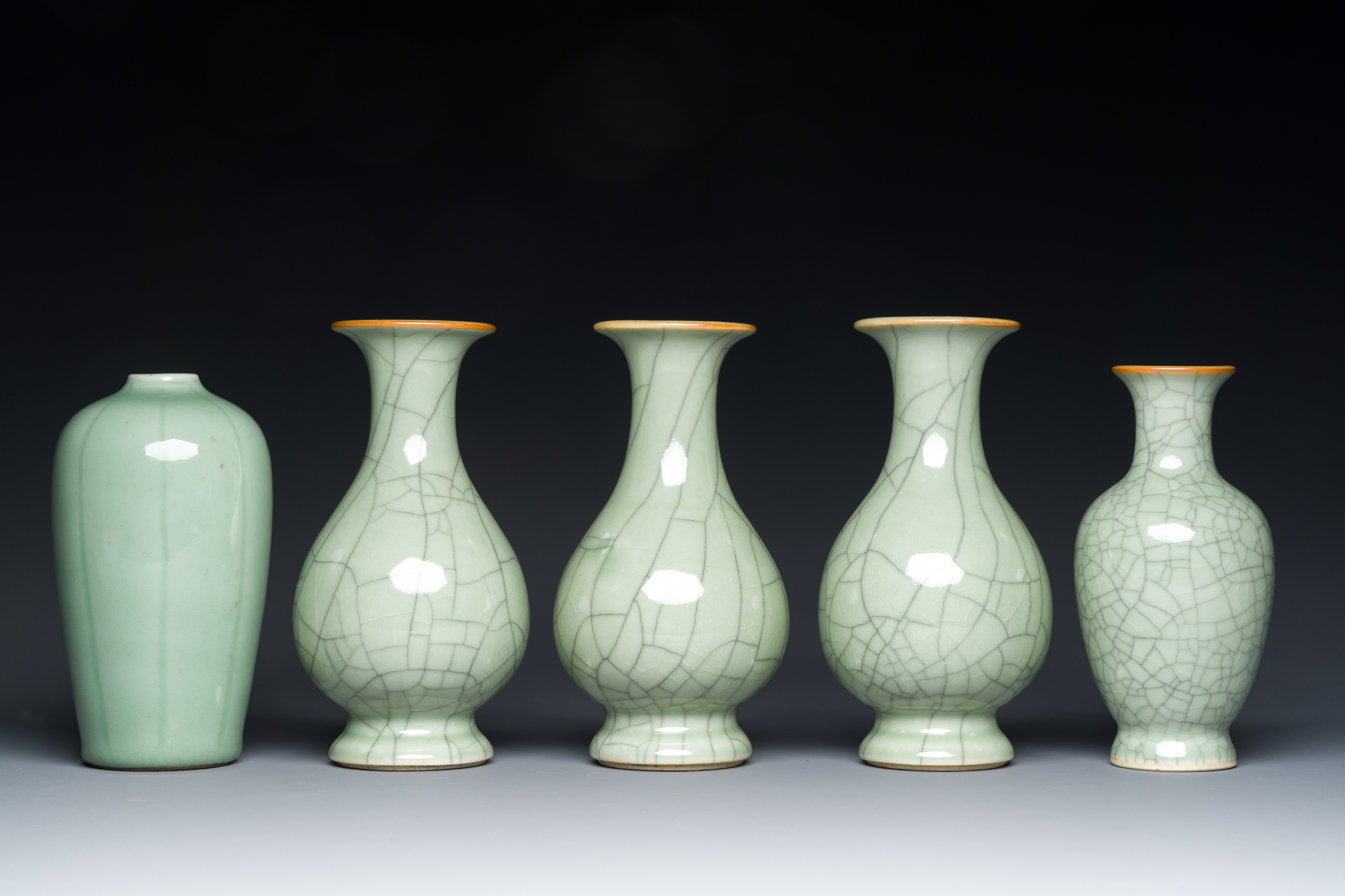 Five Chinese celadon-glazed vases, Qing - Image 4 of 7