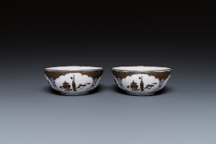 A pair of Chinese Canton enamel 'antiquities' bowls, Yongzheng/Qianlong