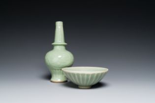 A Chinese Longquan celadon vase and a 'lotus' bowl, Yuan or later