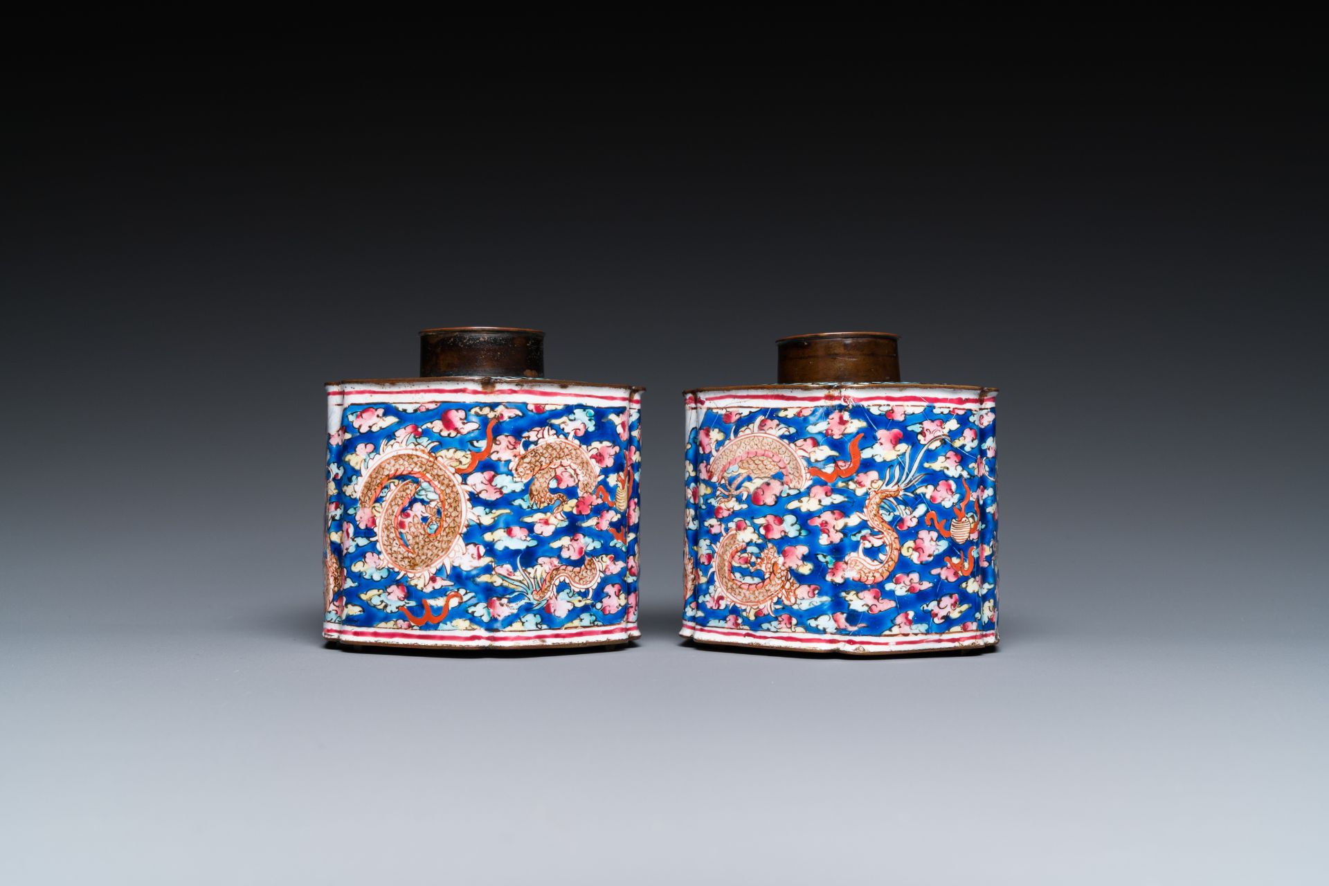 A pair of Chinese Canton enamel tea caddies and covers with dragons among clouds, Qianlong - Image 5 of 7
