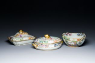 Two fine monogrammed Chinese Canton famille rose tureens and a bowl, mid-19th C.