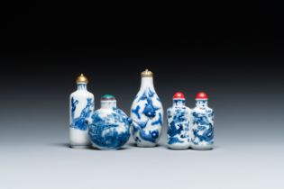 Four Chinese blue and white snuff bottles, 19/20th C.