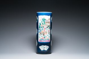 A large Chinese blue-ground famille rose cylindrical vase, 19th C.