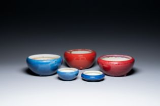 Four Chinese blue- and flambe-glazed censers and a brush washer, 19/20th C.