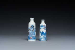 Two Chinese blue, white and copper-red snuff bottles, 19th C.