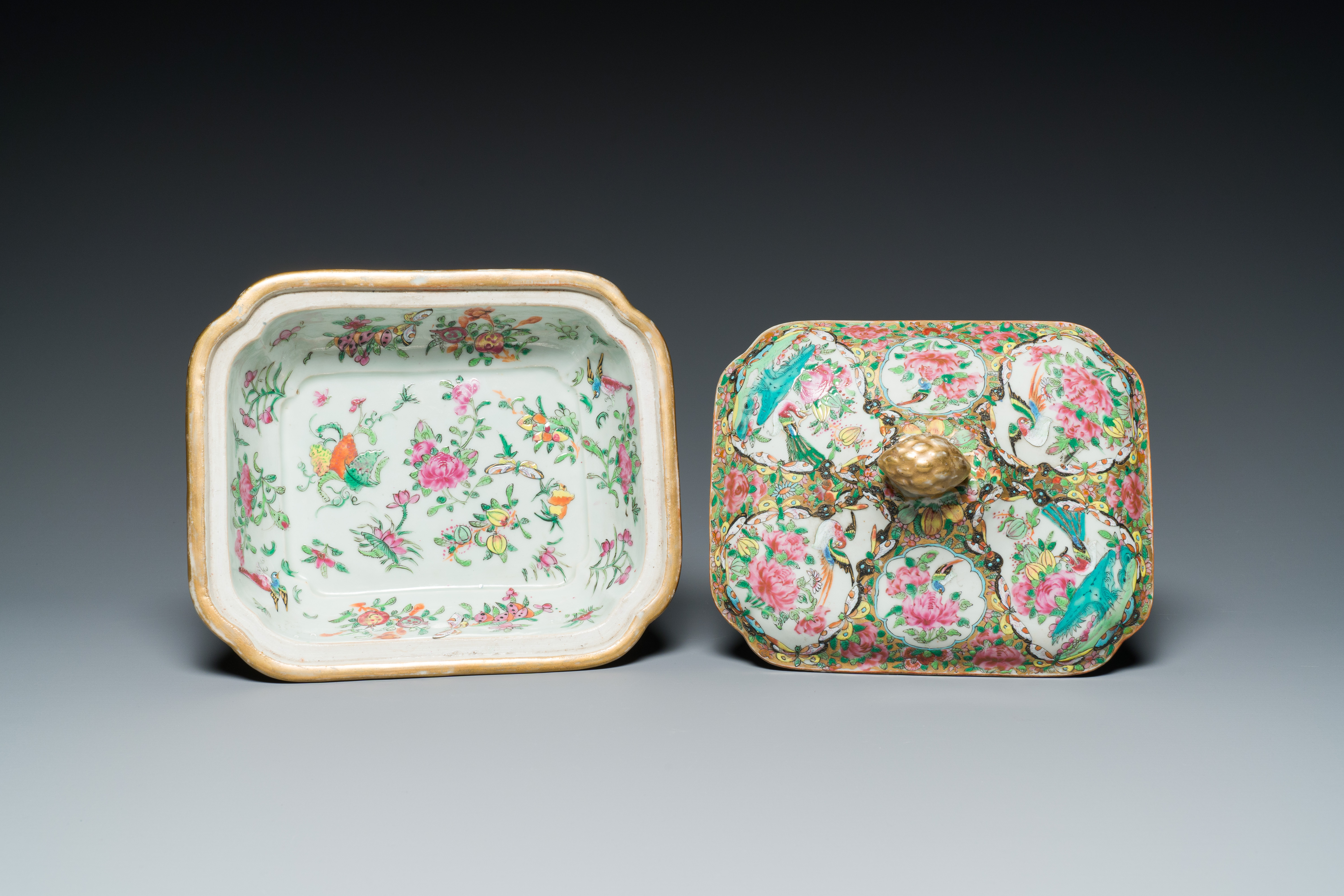 Three Chinese Canton famille rose dishes and a tureen and cover, 19th C. - Image 8 of 9