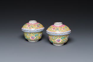 A pair of Chinese Canton enamel bowls and covers, Qianlong