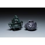 Two Chinese censers and covers in blue and green goldstone or aventurine quartz, 19/20th C.