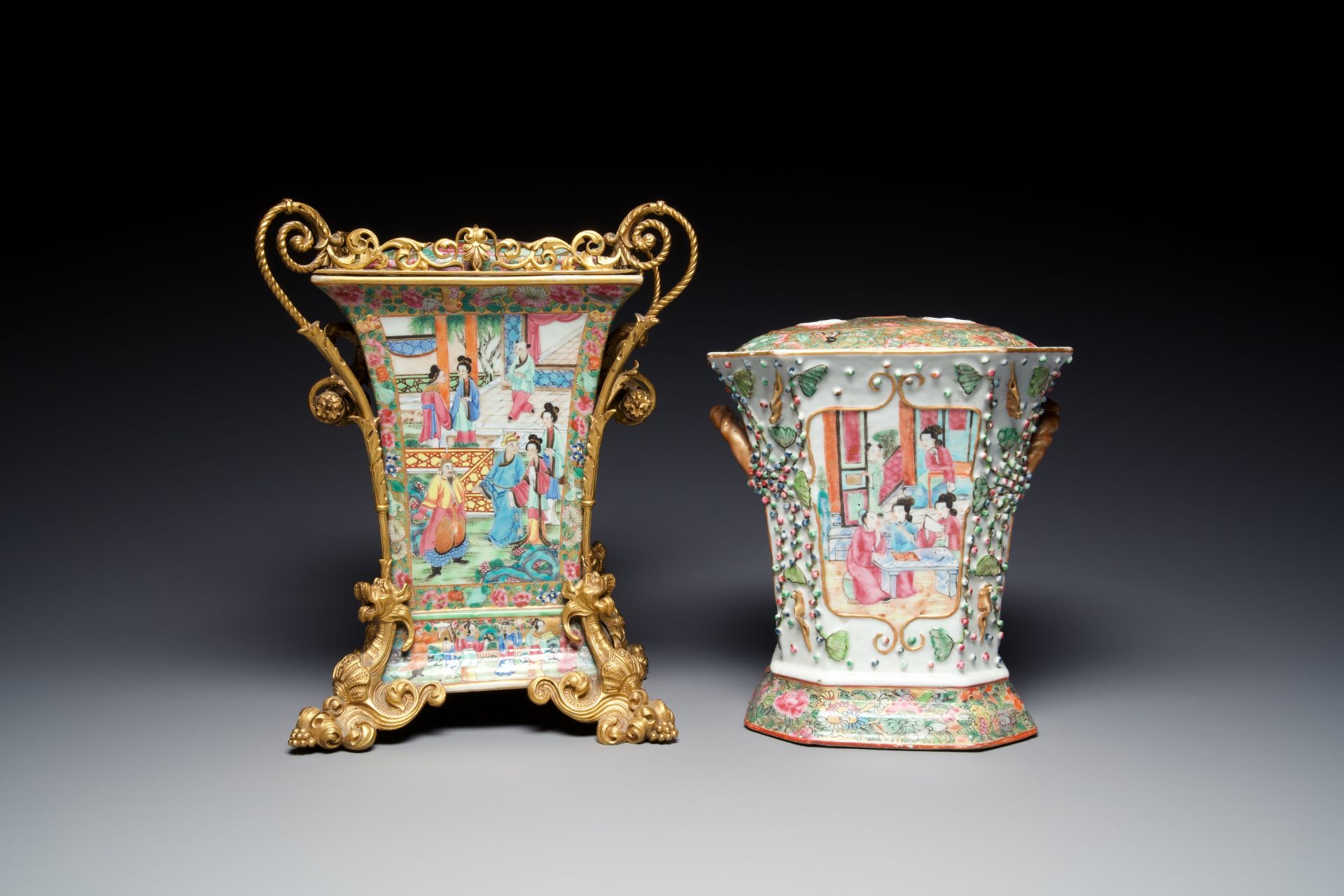 Two fine Chinese Canton famille rose flower holders, one with a gilt bronze mount, 19th C. - Image 2 of 7
