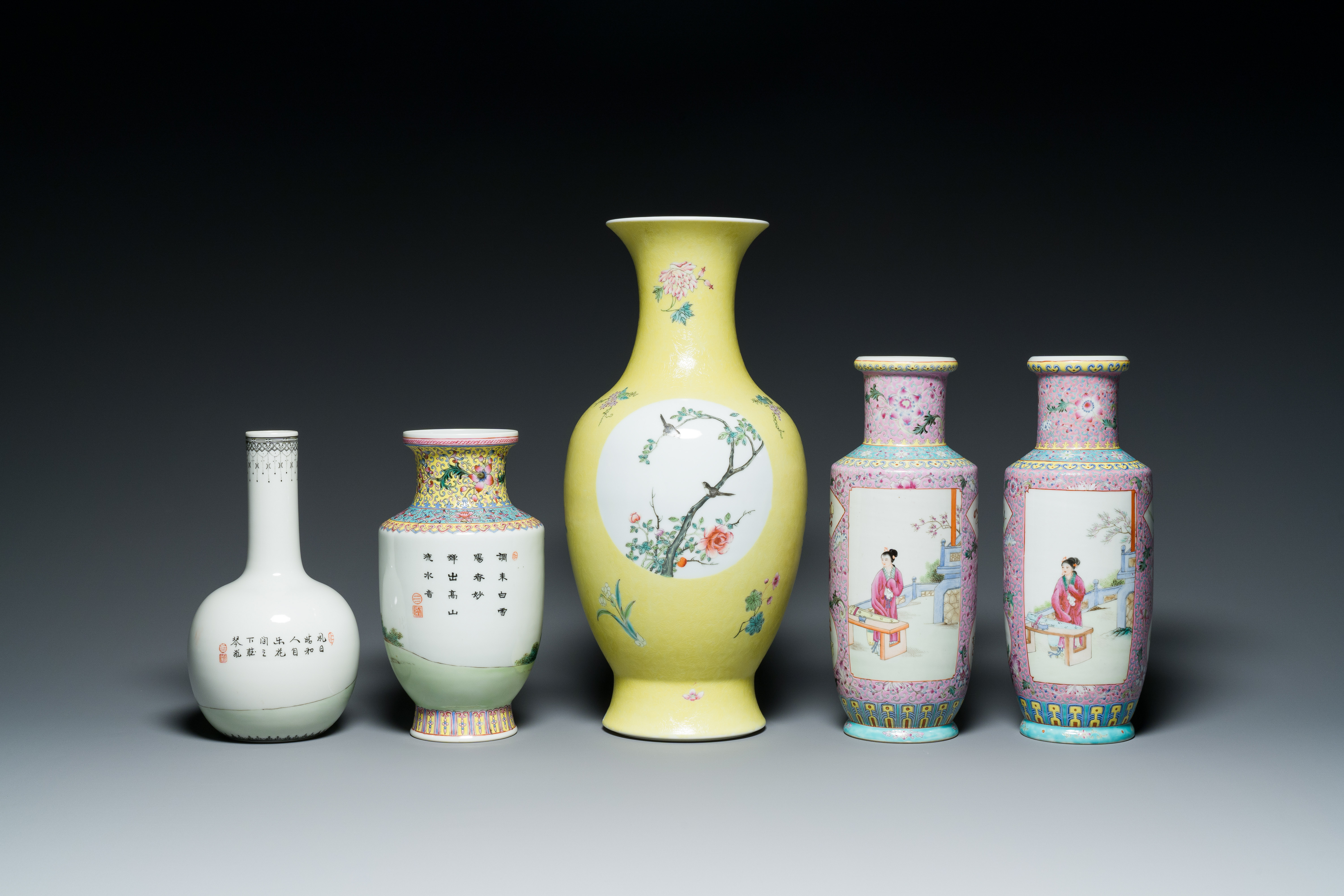 Five Chinese famille rose vases, Qianlong marks, 20th C. - Image 4 of 7