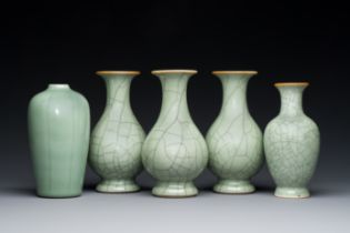 Five Chinese celadon-glazed vases, Qing