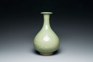 A Chinese Longquan celadon 'yuhuchunping' vase with floral design, Ming