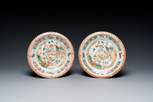 A pair of Chinese famille verte 'phoenixes' dishes, Kangxi