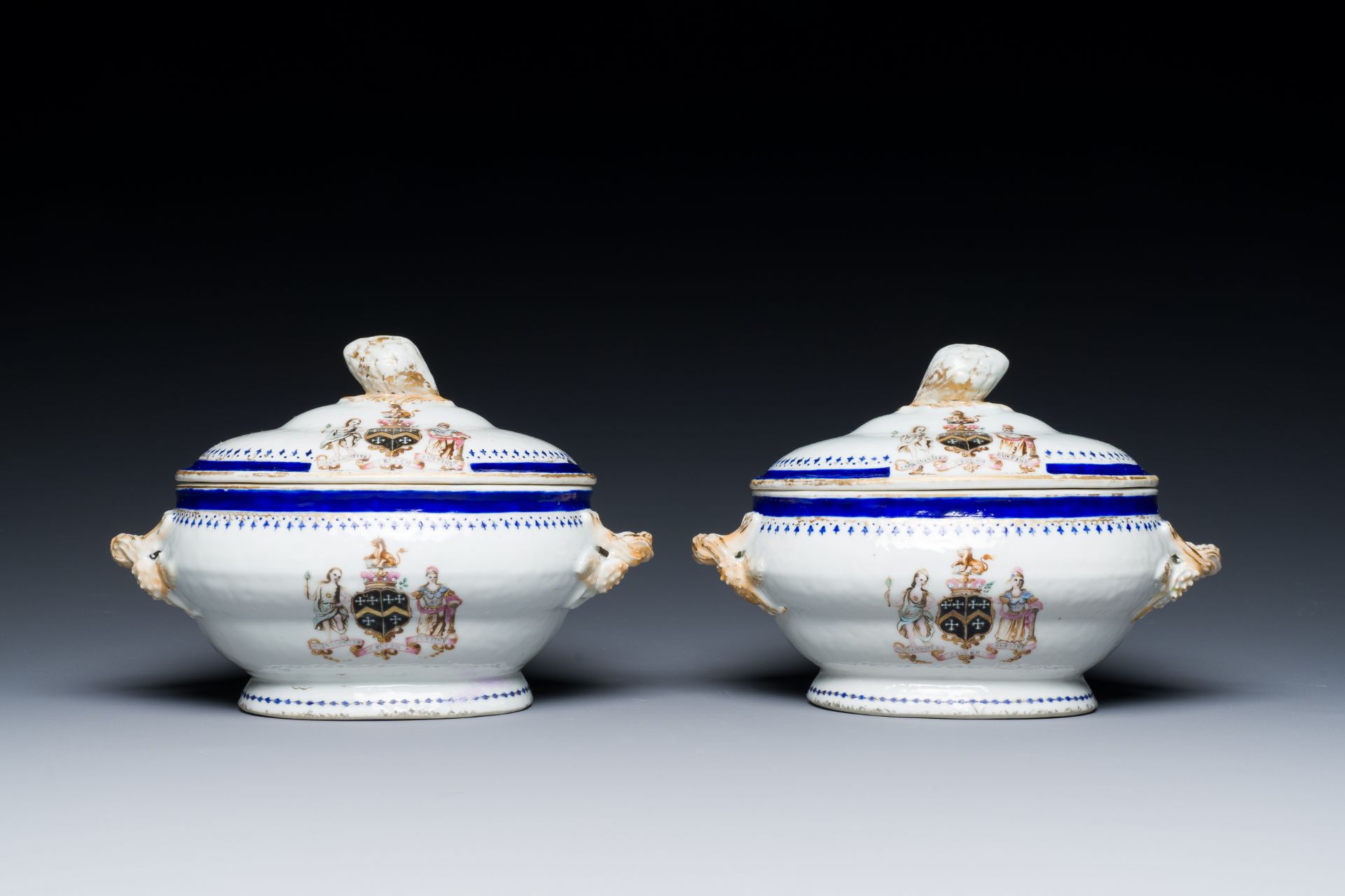 A pair of Chinese famille rose tureens and covers for the English market with the arms of Kenyon imp - Image 2 of 7