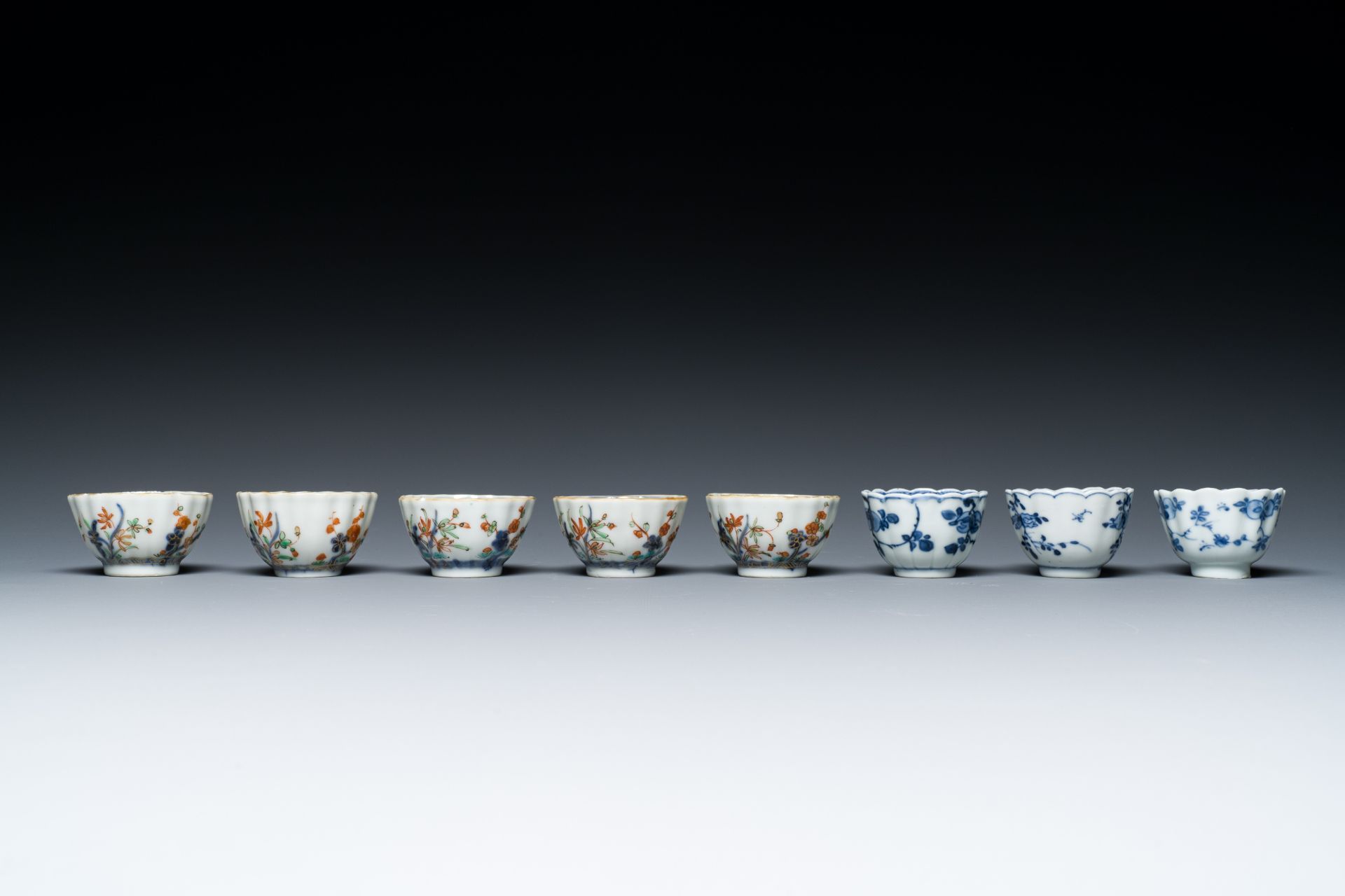 Two Chinese blue and white plates, three cups and saucers and five famille verte cups and saucers, K - Image 6 of 9