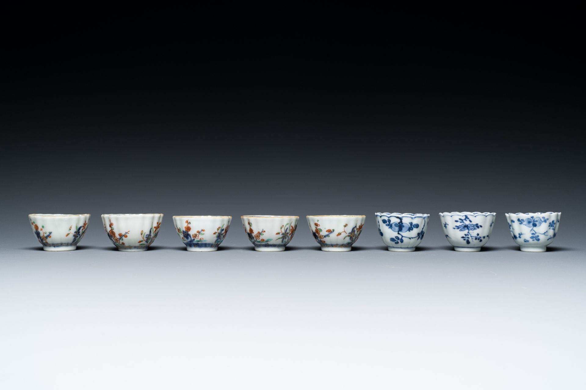 Two Chinese blue and white plates, three cups and saucers and five famille verte cups and saucers, K - Image 7 of 9