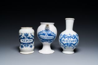 Three Dutch Delft blue and white pharmacy jars, 18th C.