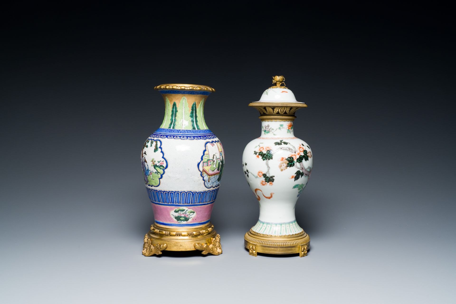 A Chinese famille verte vase and an enamelled Yixing stoneware vase with gilt bronze mounts, 19th C. - Image 3 of 6