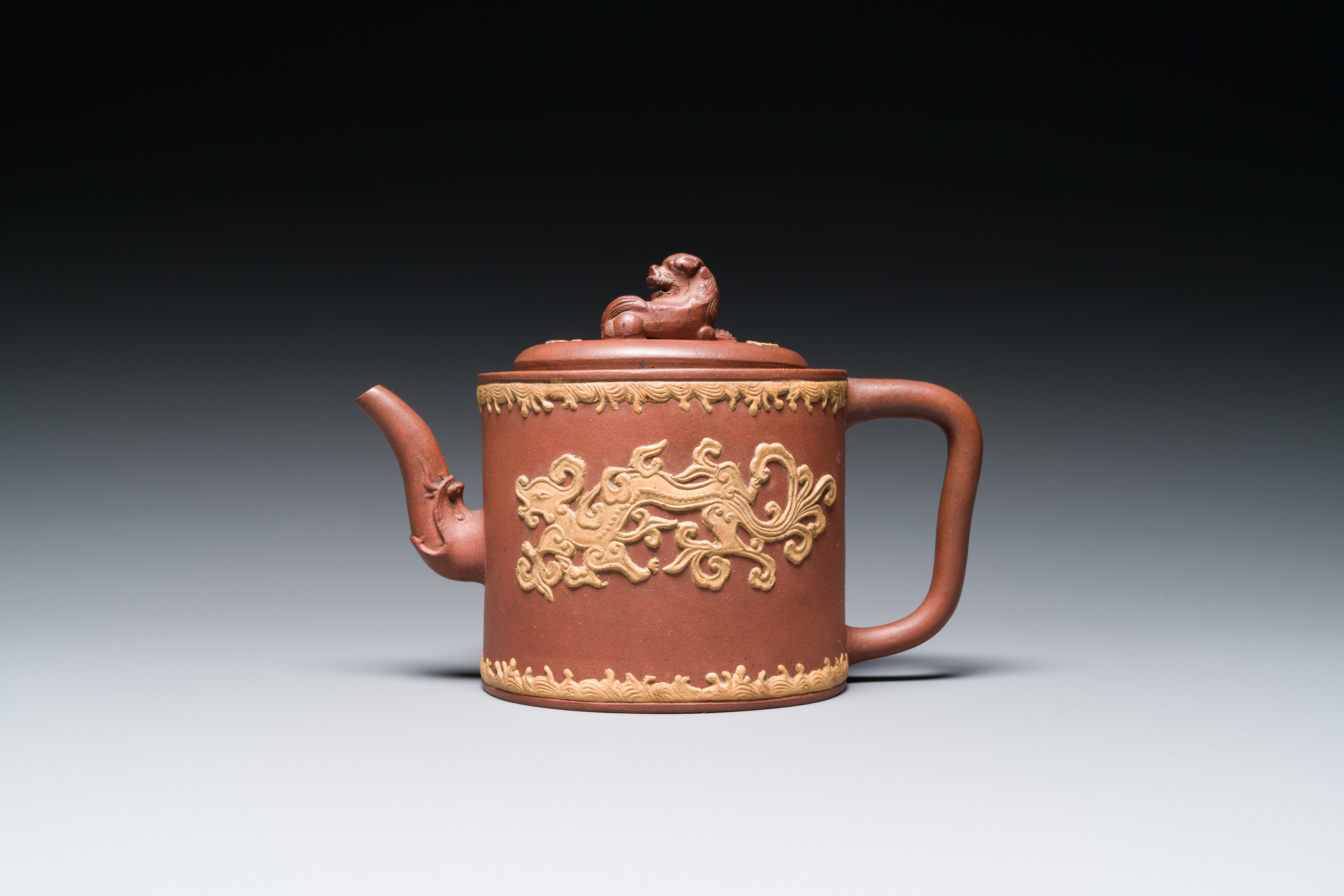 A Chinese Yixing stoneware teapot and cover with an applied dragon, Kangxi - Image 2 of 7