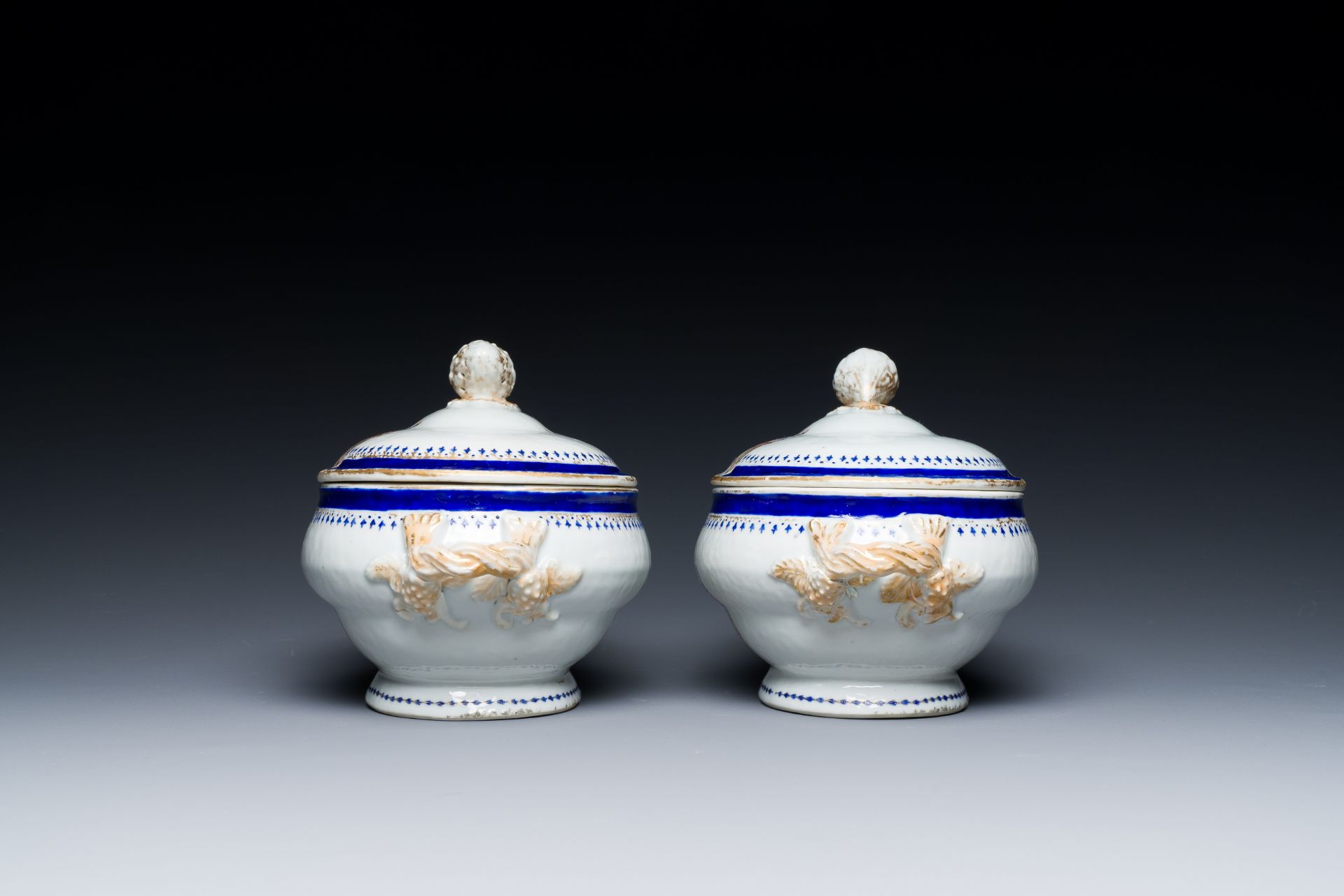 A pair of Chinese famille rose tureens and covers for the English market with the arms of Kenyon imp - Image 3 of 7