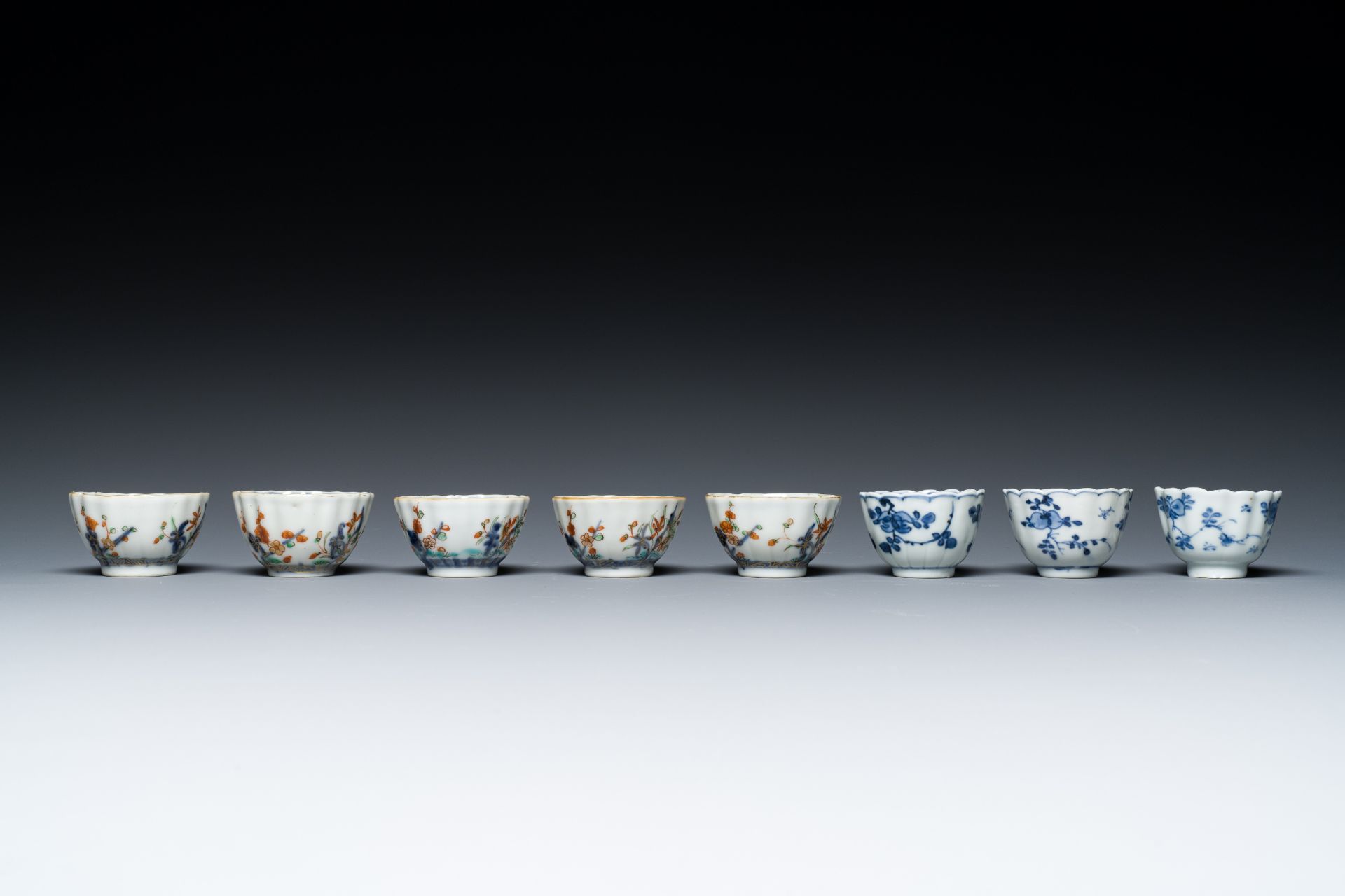 Two Chinese blue and white plates, three cups and saucers and five famille verte cups and saucers, K - Image 5 of 9