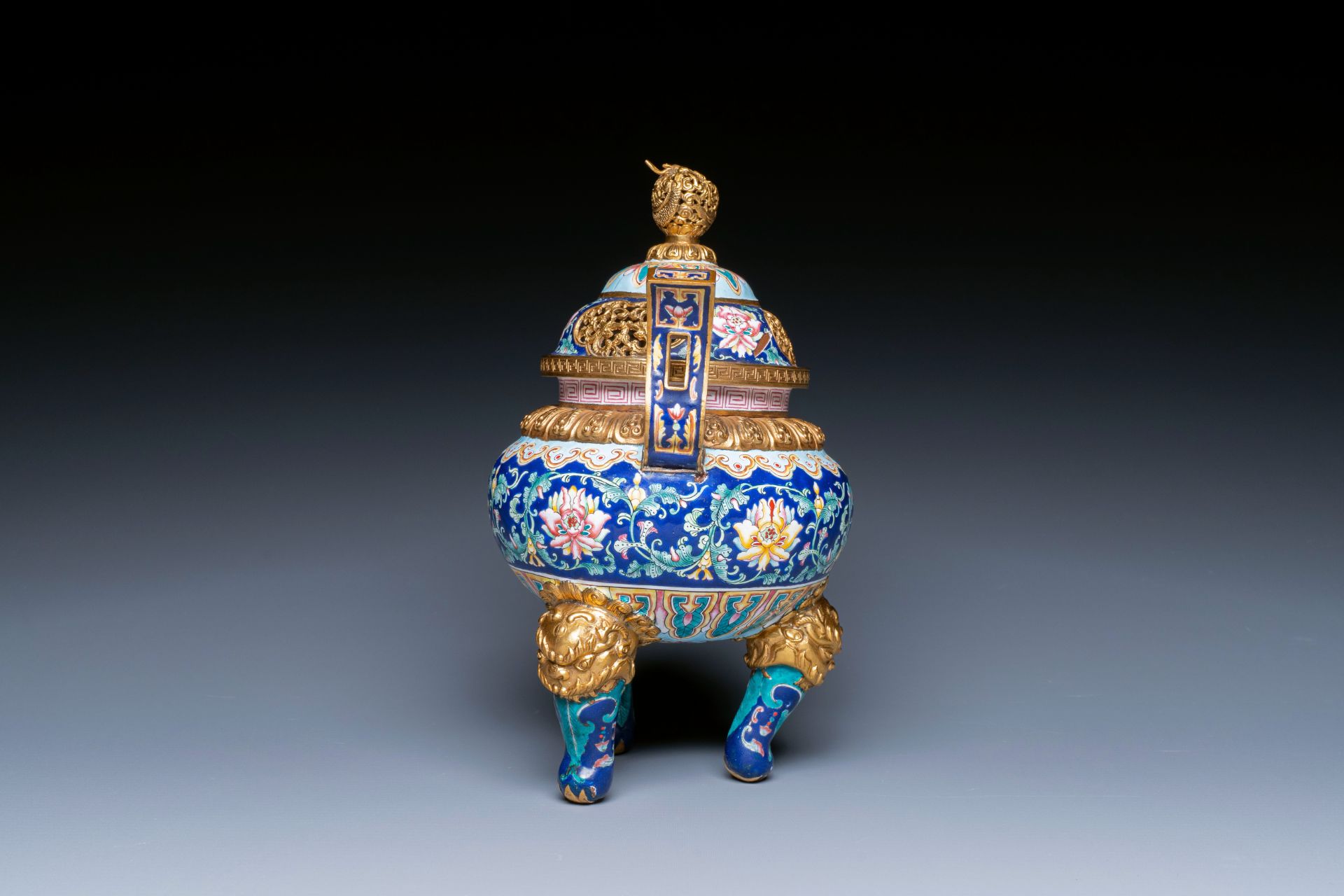 A Chinese 'imperial tribute' blue-ground Canton enamel incense burner and cover, Qianlong mark and o - Image 3 of 10