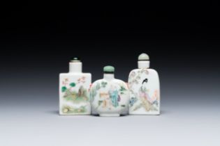 Three Chinese famille rose snuff bottles, one marked Yongzheng, 19th C.