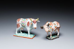 Two polychrome petit feu Dutch Delft standing cows, 18th C.